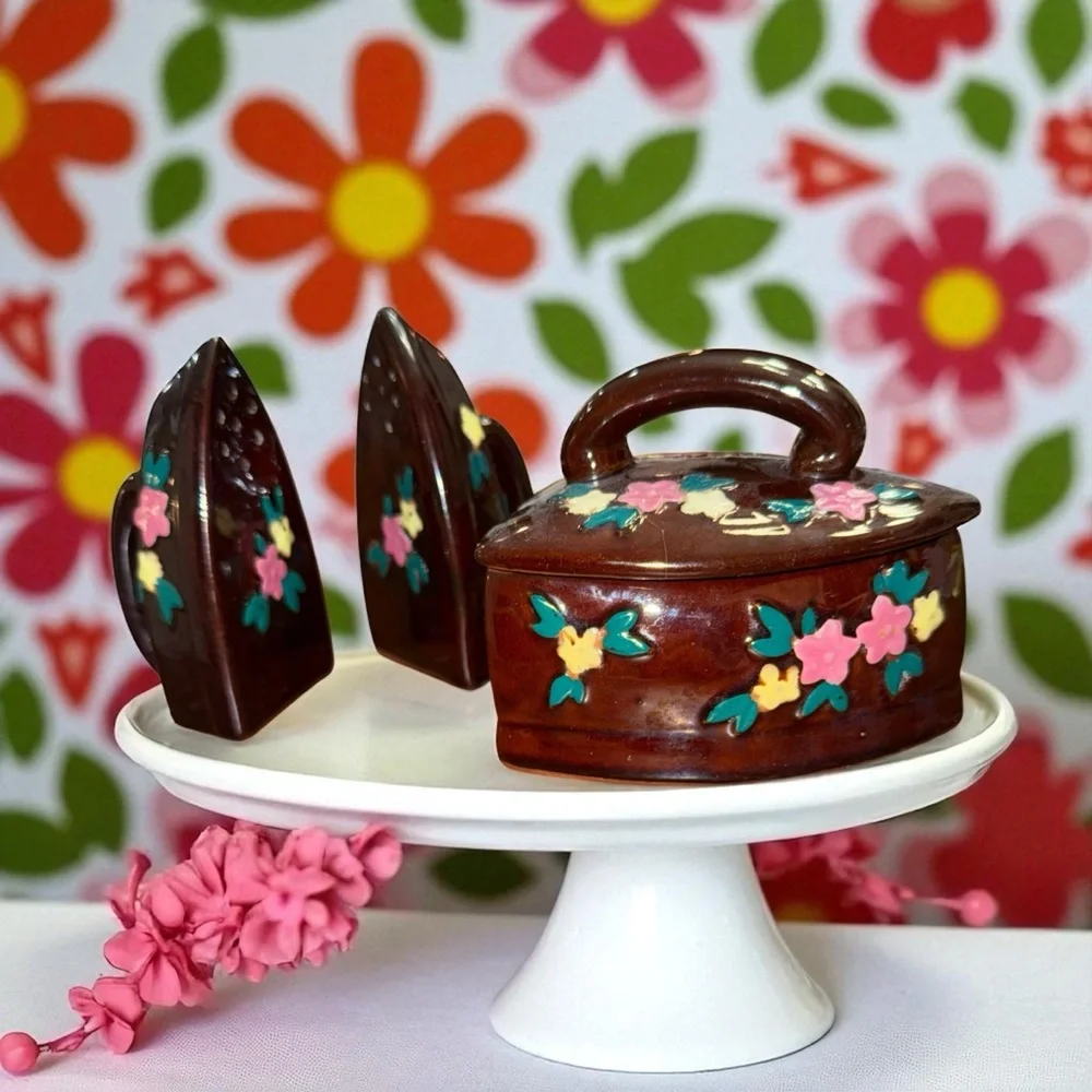 VTG Japan Redware Iron Shaped Sugar Bowl Salt Pepper Shaker Set 3pc